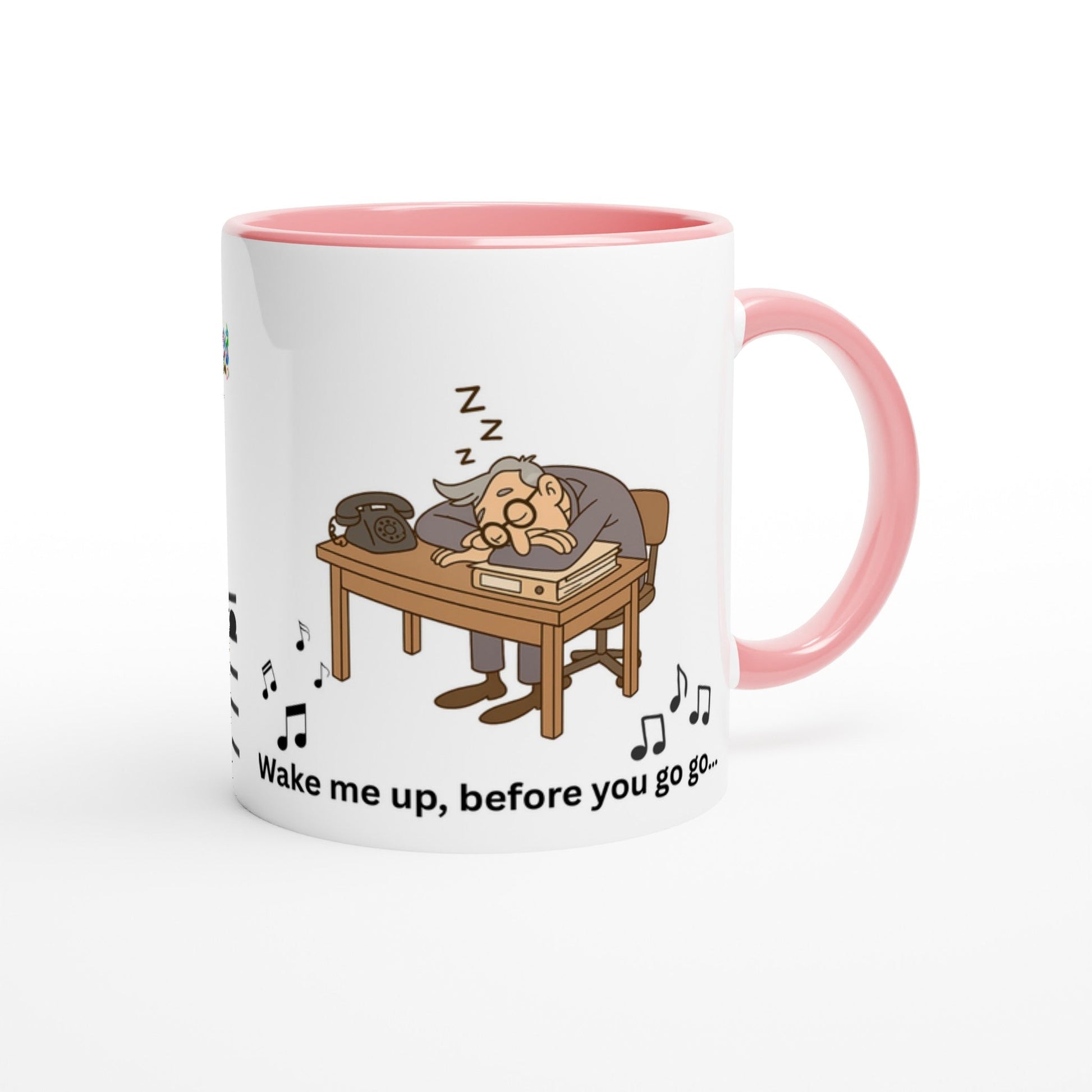 Lustige Tasse „Wake me up, before you go go“ – Beamtenhumor Cartoon - Weiße Keramiktasse 11oz mit Farbe an der Innenseite - Tassenworte