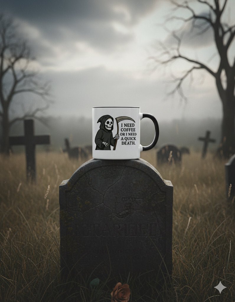 Makabrer Morgen - Kaffee: Sensenmann Tasse – I Need Coffee or a Quick Death | Schwarzer Humor Keramikbecher | Tassenworte - Tassenworte
