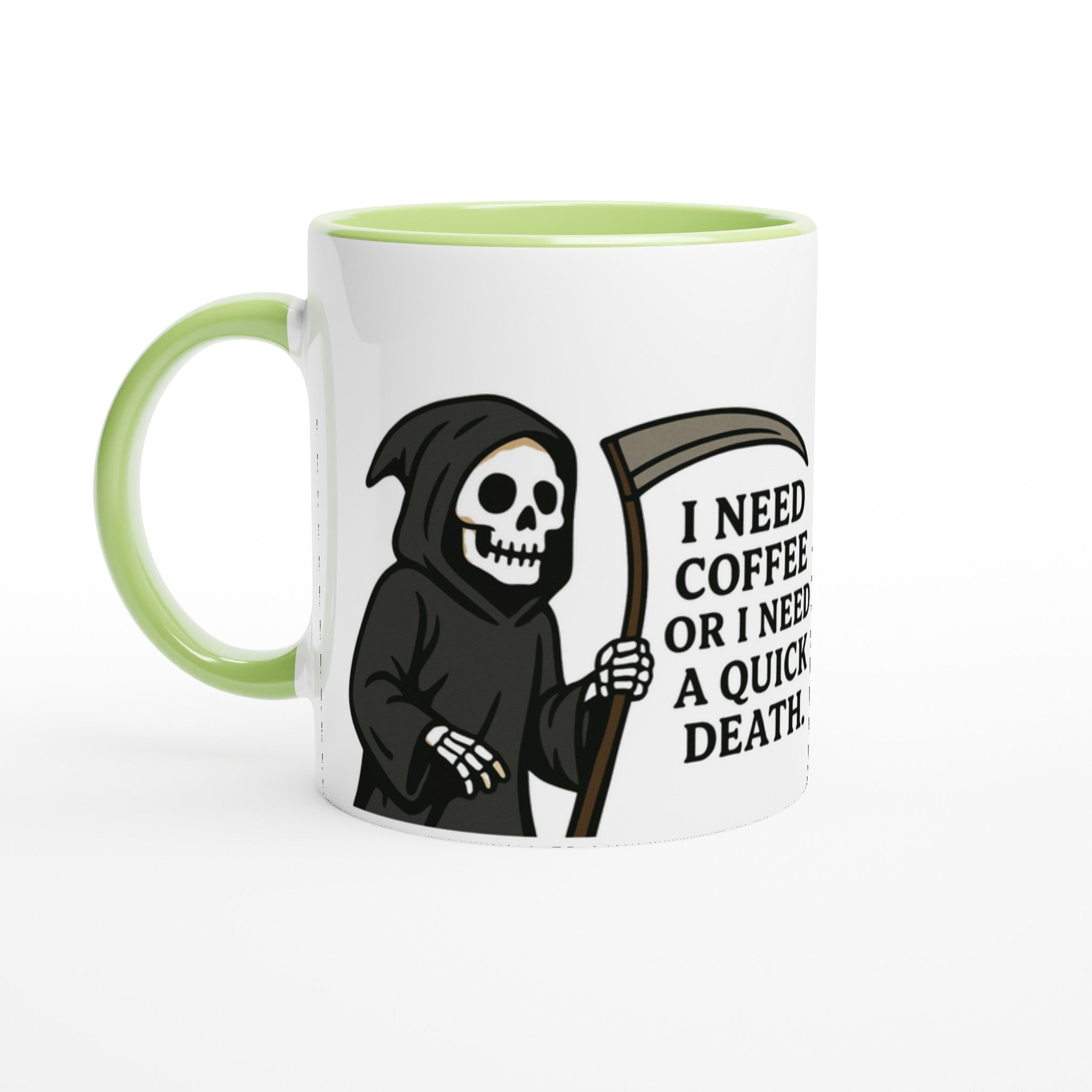 Makabrer Morgen - Kaffee: Sensenmann Tasse – I Need Coffee or a Quick Death | Schwarzer Humor Keramikbecher | Tassenworte - Tassenworte