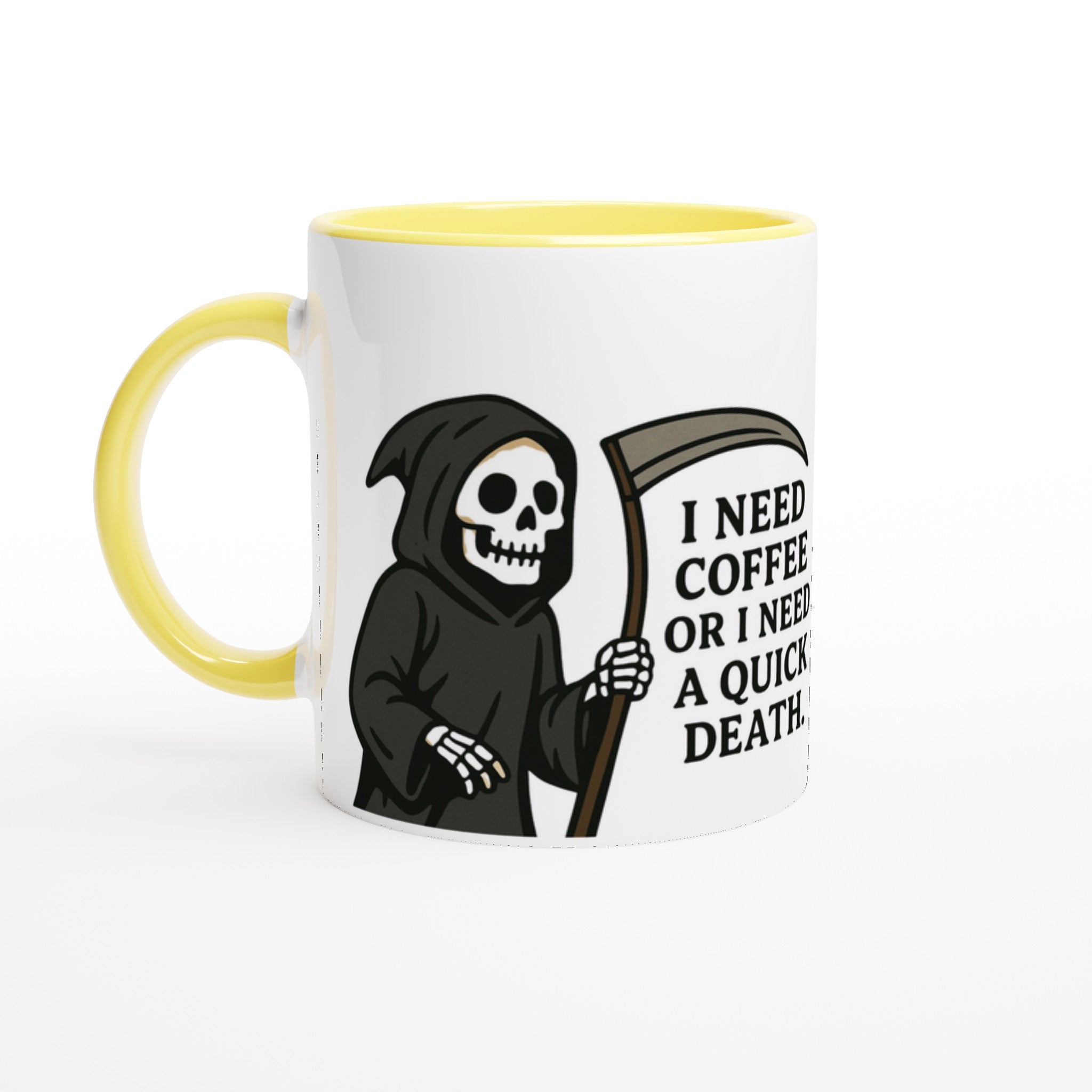 Makabrer Morgen - Kaffee: Sensenmann Tasse – I Need Coffee or a Quick Death | Schwarzer Humor Keramikbecher | Tassenworte - Tassenworte