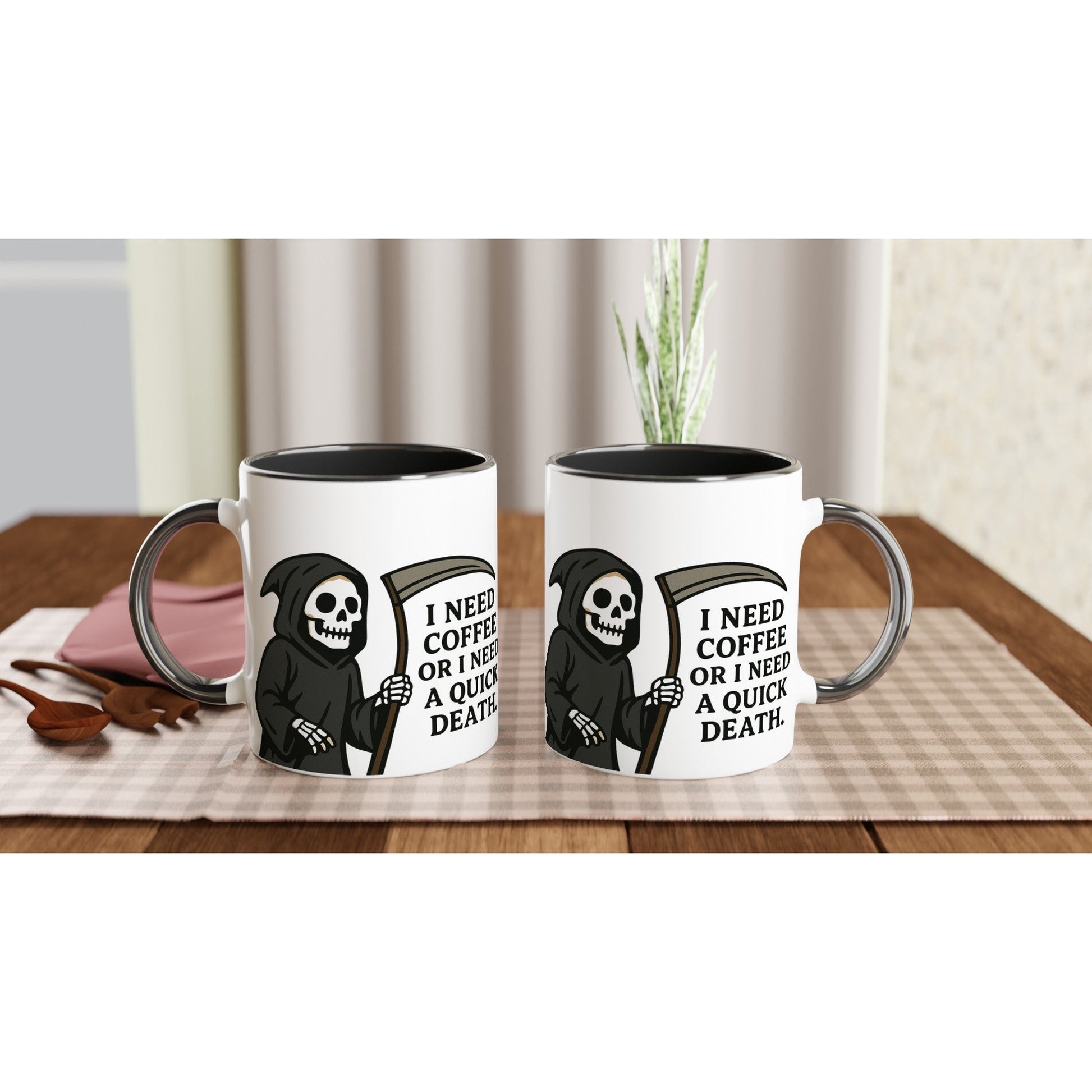 Makabrer Morgen - Kaffee: Sensenmann Tasse – I Need Coffee or a Quick Death | Schwarzer Humor Keramikbecher | Tassenworte - Tassenworte