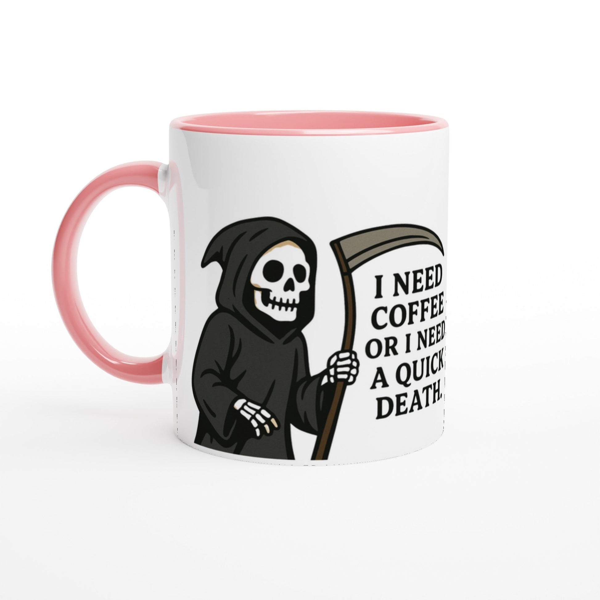 Makabrer Morgen - Kaffee: Sensenmann Tasse – I Need Coffee or a Quick Death | Schwarzer Humor Keramikbecher | Tassenworte - Tassenworte
