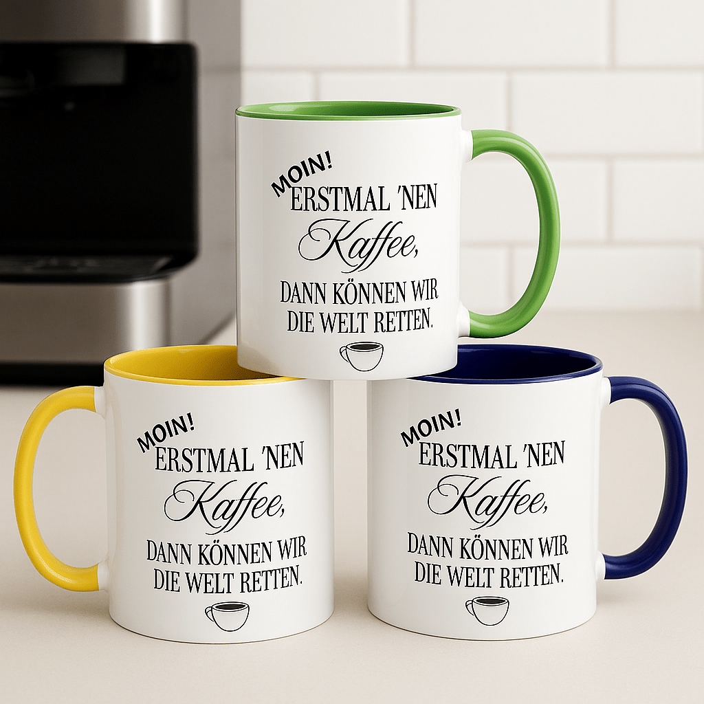 Moin Tasse Kaffeebecher mit lustigem Spruch „ Erstmal 'nen Kaffee, dann können wir die Welt retten“ - Tassenworte