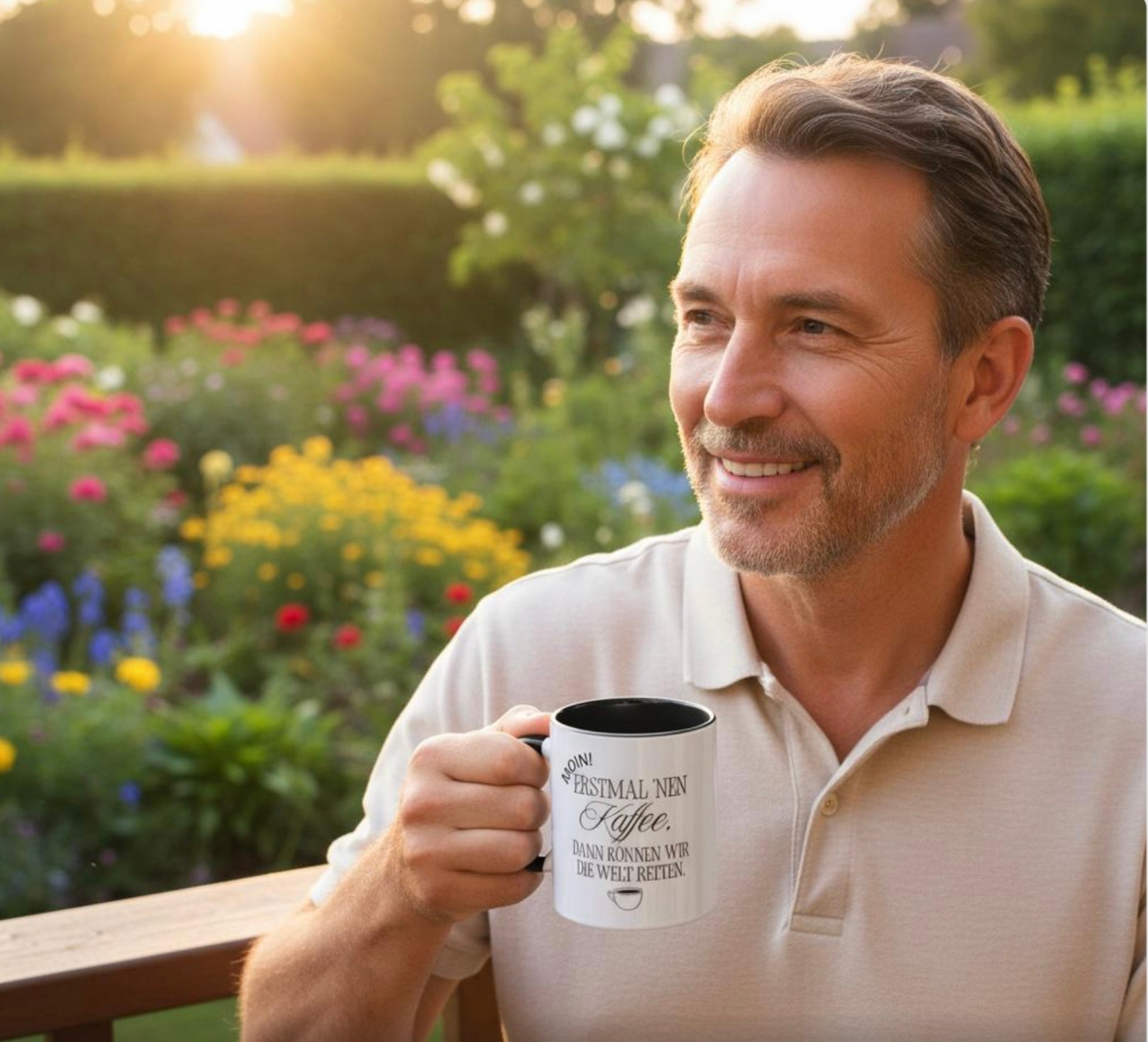 Moin Tasse Kaffeebecher mit lustigem Spruch „ Erstmal 'nen Kaffee, dann können wir die Welt retten“ - Tassenworte