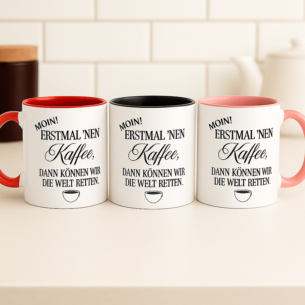 Moin Tasse Kaffeebecher mit lustigem Spruch „ Erstmal 'nen Kaffee, dann können wir die Welt retten“ - Tassenworte