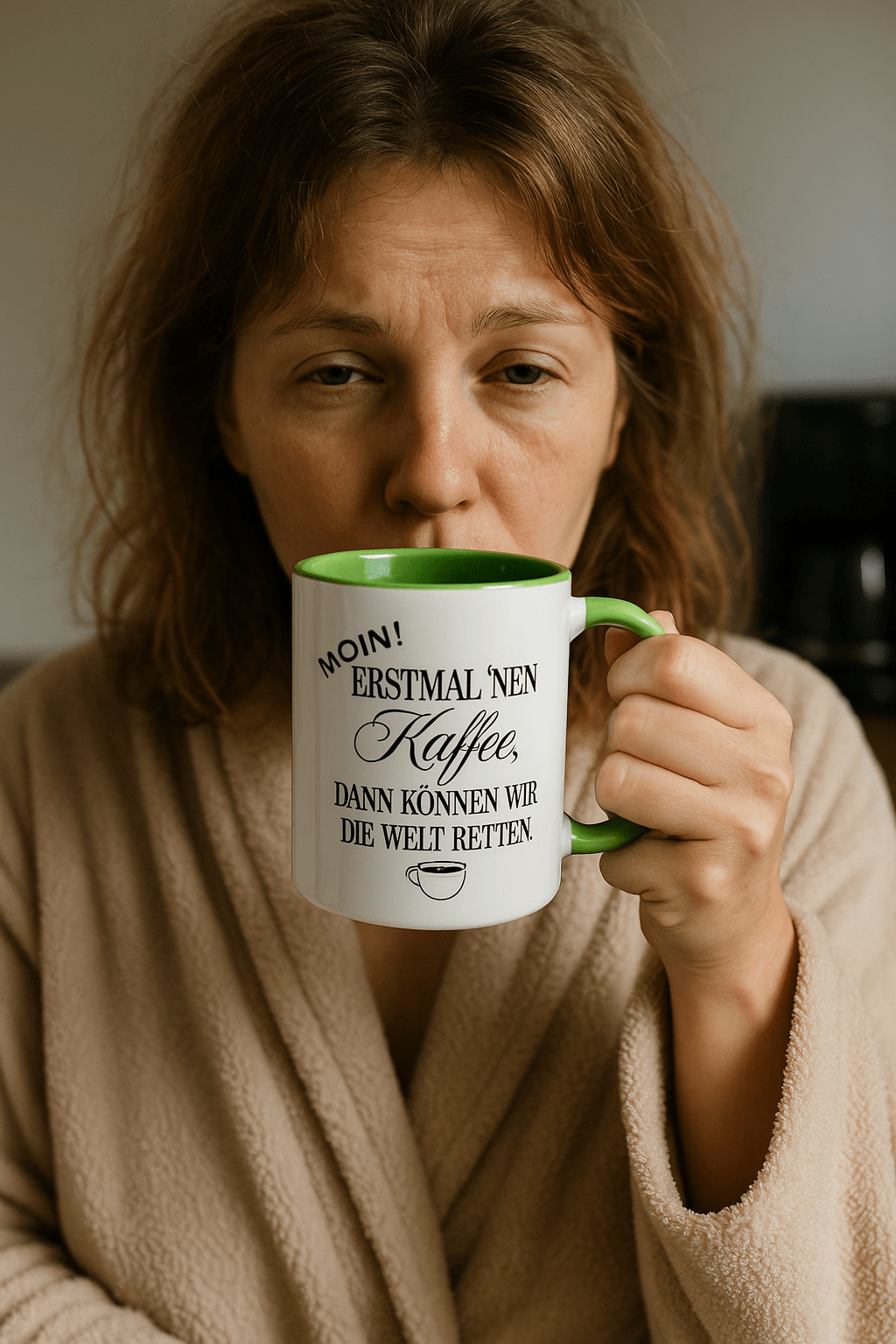 Moin Tasse Kaffeebecher mit lustigem Spruch „ Erstmal 'nen Kaffee, dann können wir die Welt retten“ - Tassenworte