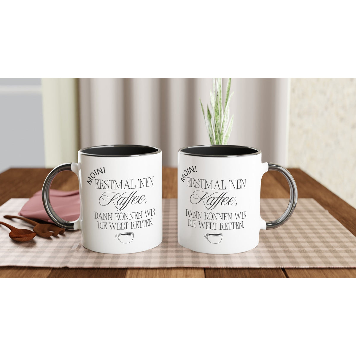 Moin Tasse Kaffeebecher mit lustigem Spruch „ Erstmal 'nen Kaffee, dann können wir die Welt retten“ - Tassenworte