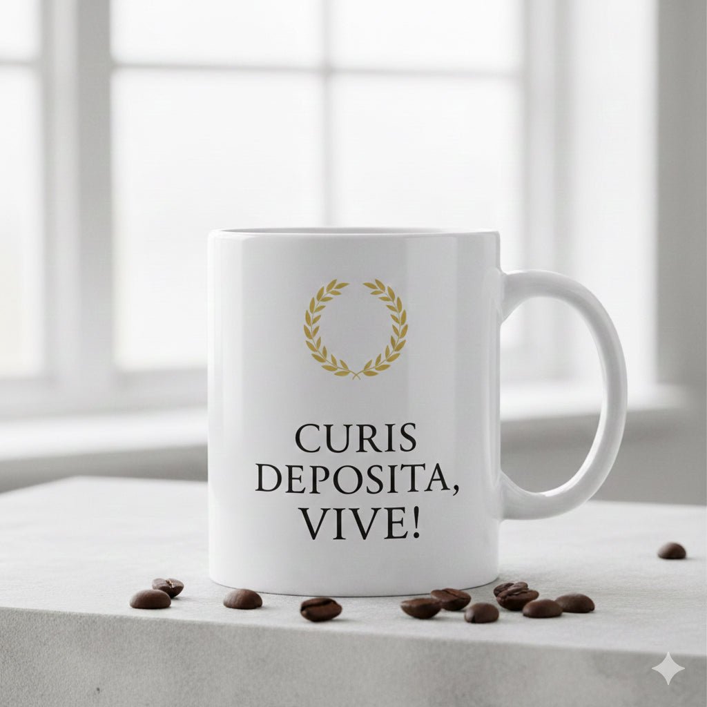 Tasse „Leg die Sorgen ab, lebe!“ – Minimalistisch | Latein „Curis deposita, vive!“ | Geschenk für Achtsamkeit & Selbstfürsorge - Tassenworte