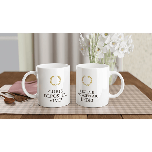 Tasse „Leg die Sorgen ab, lebe!“ – Minimalistisch | Latein „Curis deposita, vive!“ | Geschenk für Achtsamkeit & Selbstfürsorge - Tassenworte