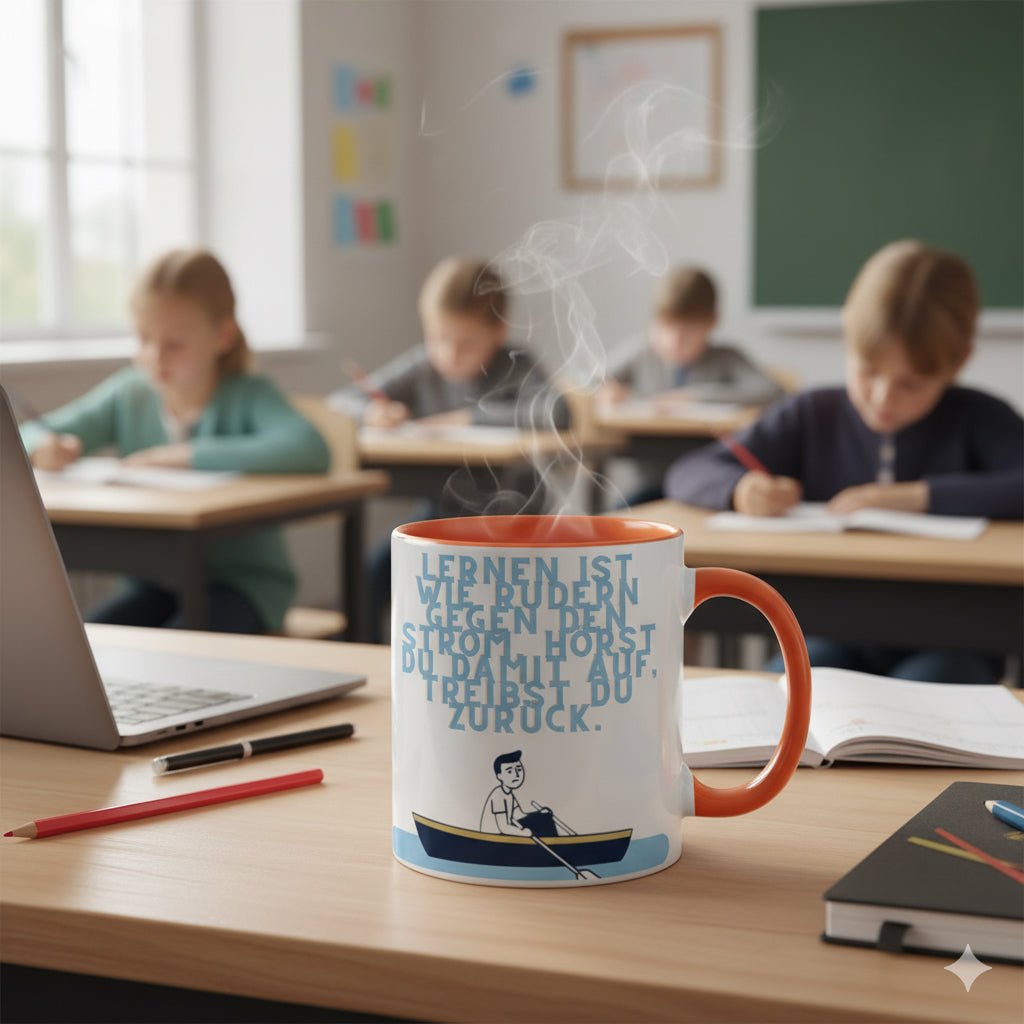 Tasse Schlaue Sprüche | Lernen ist wie Rudern gegen den Strom | Tassenworte - Tassenworte