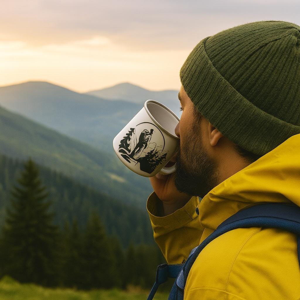 Weiße Emaille - Tasse (12oz) Wanderlust - Tassenworte