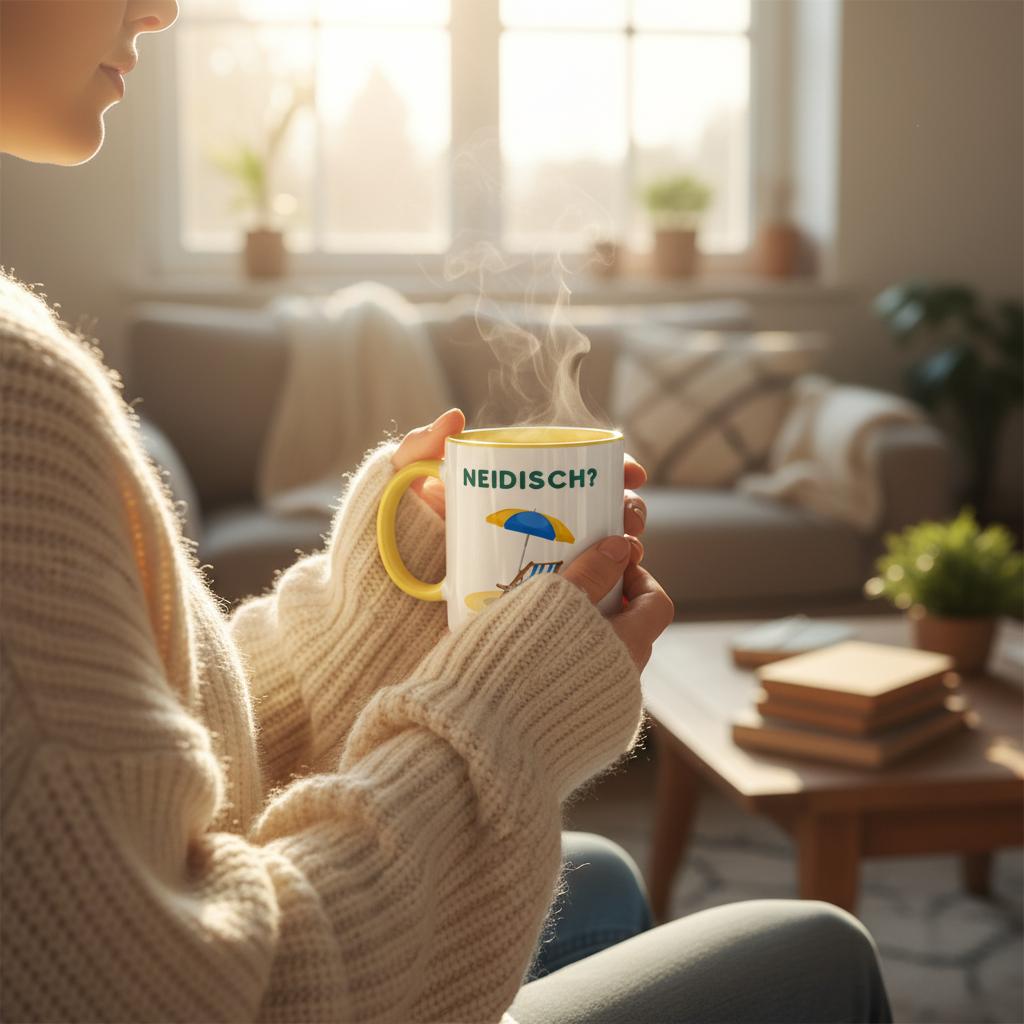 Person in hellem Strickpullover hält die Tasse "NEIDISCH?" (gelber Henkel/Strandmotiv) in einem gemütlichen, sonnendurchfluteten Wohnzimmer.