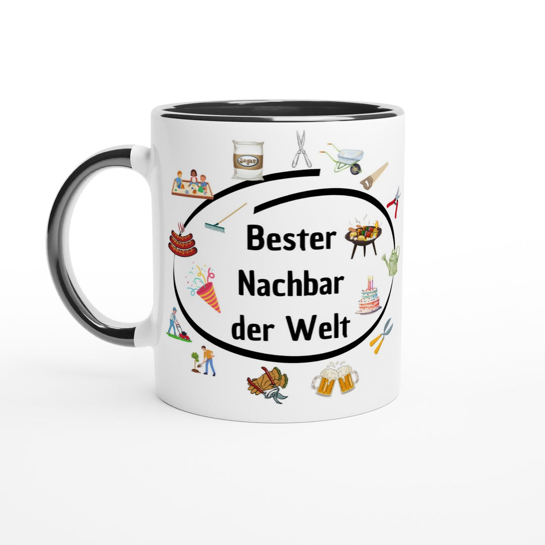 Keramiktasse mit Spruch „Bester Nachbar der Welt“, umgeben von Grill-, Garten- und Feier-Icons – perfektes Geschenk für Nachbarn.